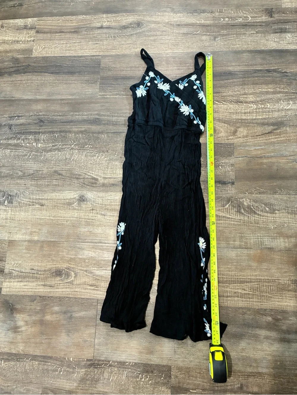 Justice Girls Crinkle Crepe Textured Black Cami Jumpsuit with Floral Embroidery
